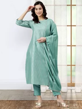 Aqua Poly Silk Striped Kurta Pant Set