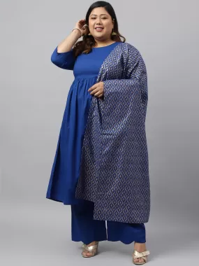 Blue Cotton Solid Kurta with Palazzo and Dupatta