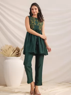 Green Chinnon Yoke Embroidery Co ord Set