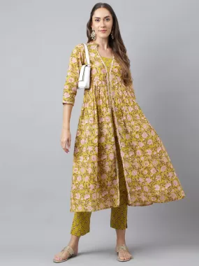 Green Cotton Floral Block Printed Kurta with Pant