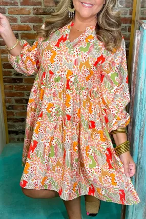 Multicolour Plus Size Mix Floral Puff Sleeve Ruffled Dress