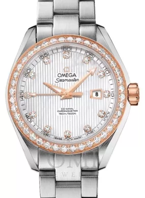 OMEGA SEAMASTER AQUA TERRA 150M CO-AXIAL CHRONOMETER 34MM STAINLESS STEEL RED GOLD DIAMOND BEZEL WHITE MOTHER OF PEARL DIAL DIAMOND SET INDEX 231.25.34.20.55.003 WITH STEEL BRACELET