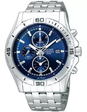 Pulsar Mens Chronograph - Blue Dial - Silver-Tone - Luminous Hands and Markers